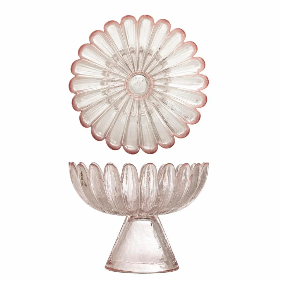 Roze glazen schaal op voet – bloemvormig design - Image 3
