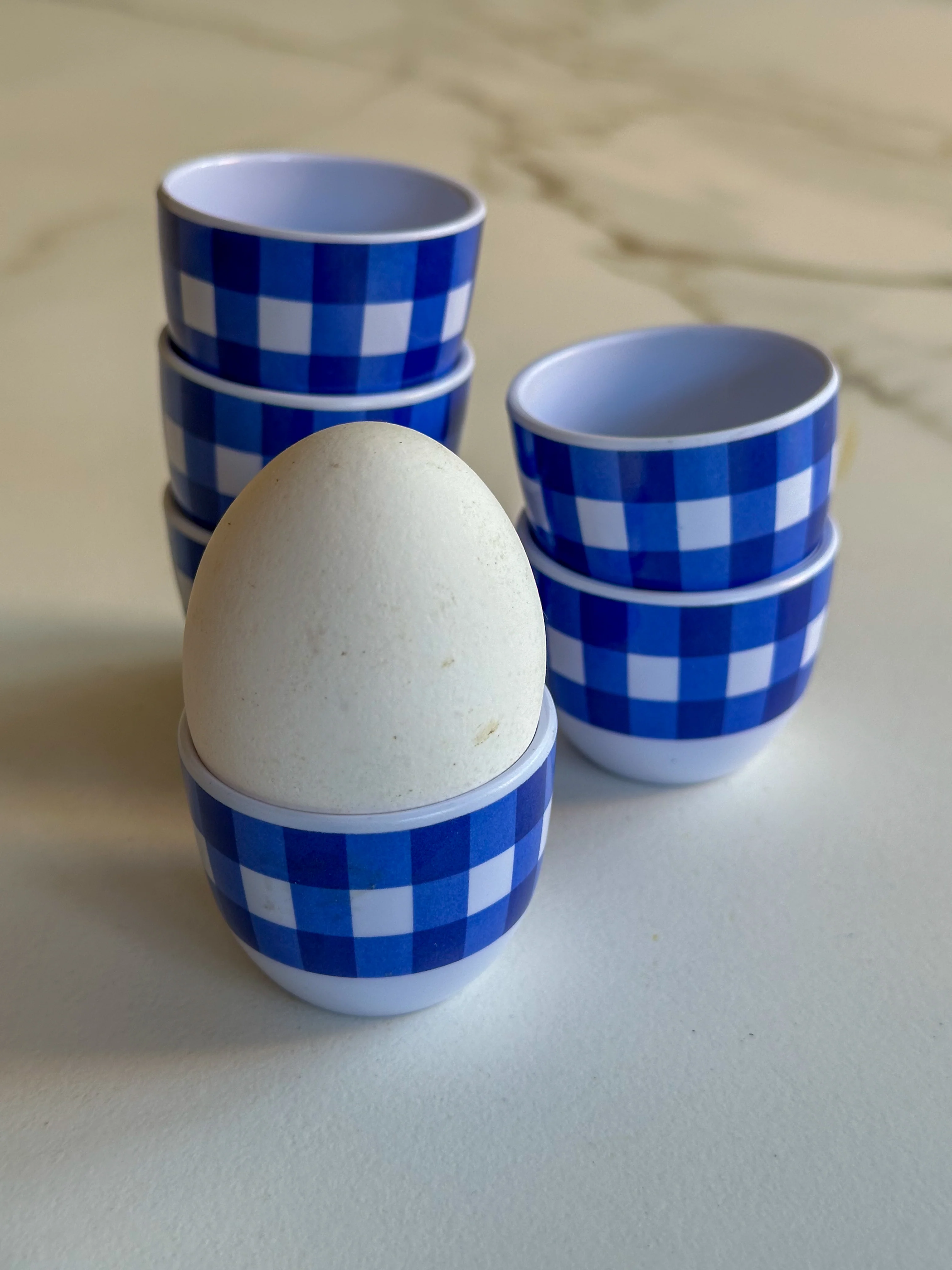 Vintage blauw geruite eierdoppen set van 6