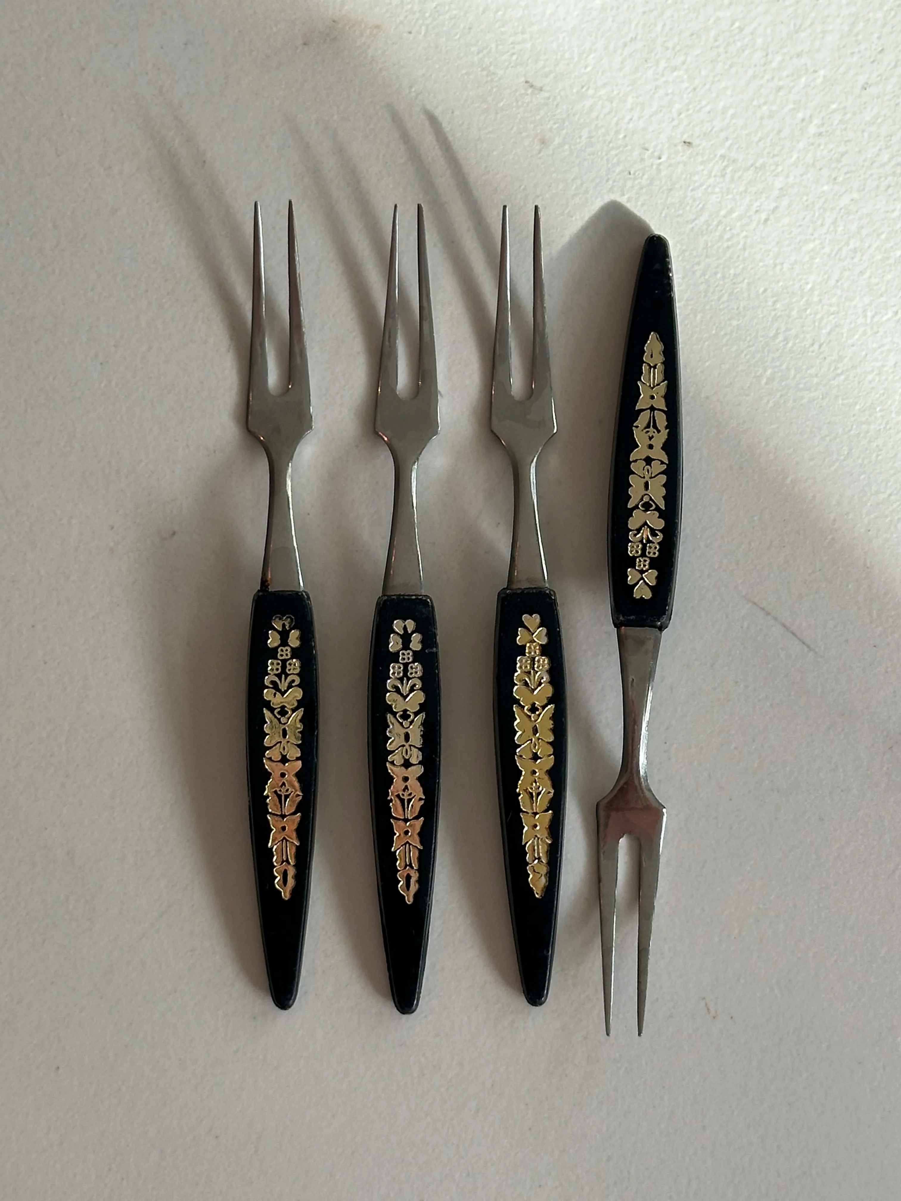 Vintage Cocktailprikkers / Tapasvorkjes Set van 4 – Zwart & Goud Retro