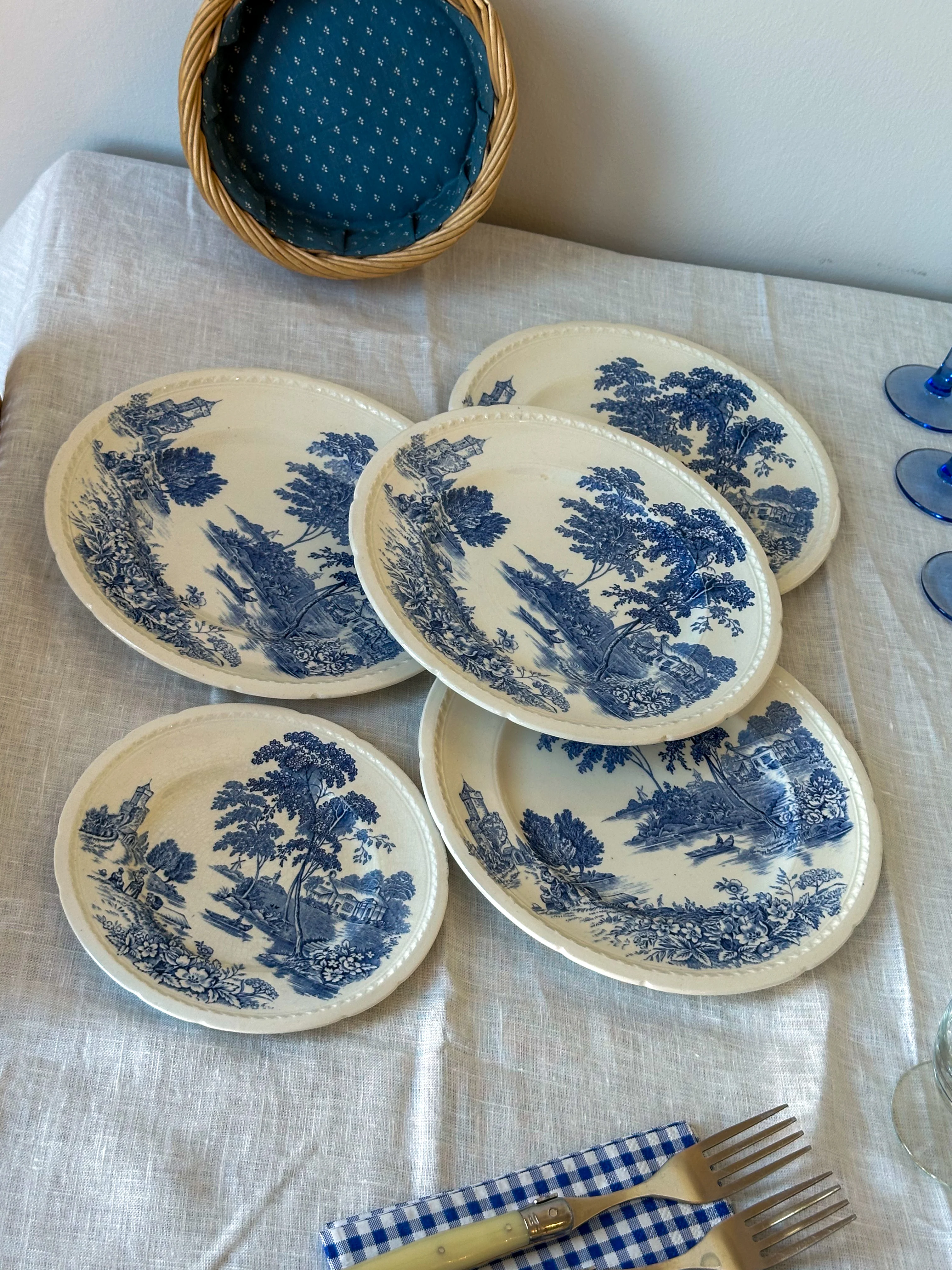 Vintage Engelse blauw-witte borden set – Swinnertons The Ferry