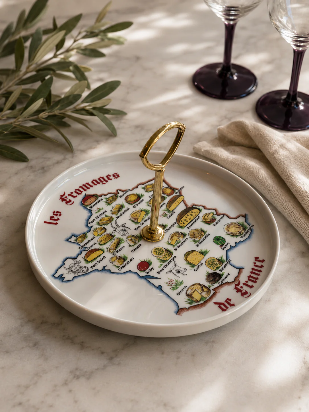 Vintage Frans Kaasbord met Handvat – Porselein “Les Fromages de France” – L’Hirondelle