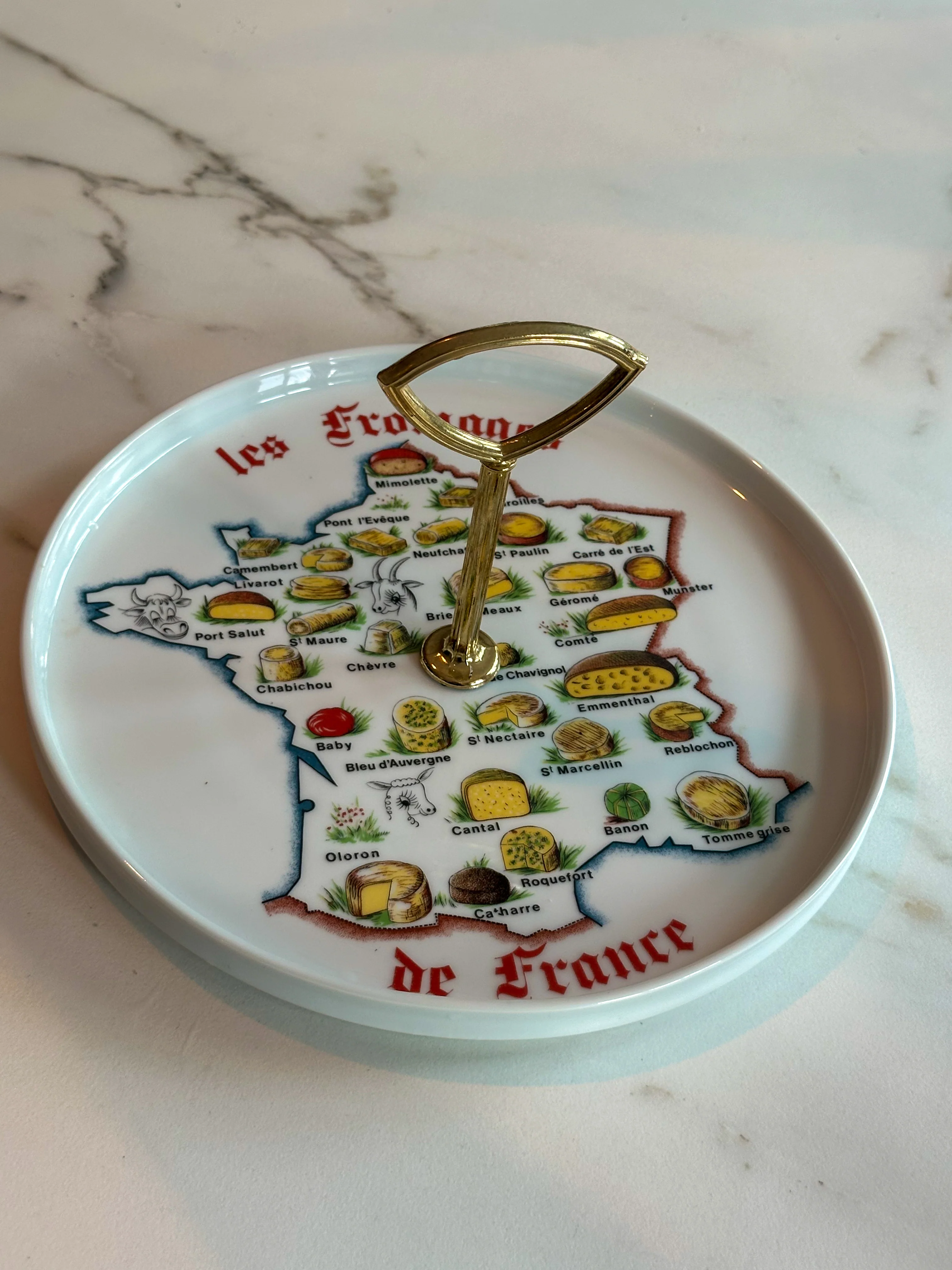 Vintage Frans Kaasbord met Handvat – Porselein “Les Fromages de France” – L’Hirondelle - Image 2