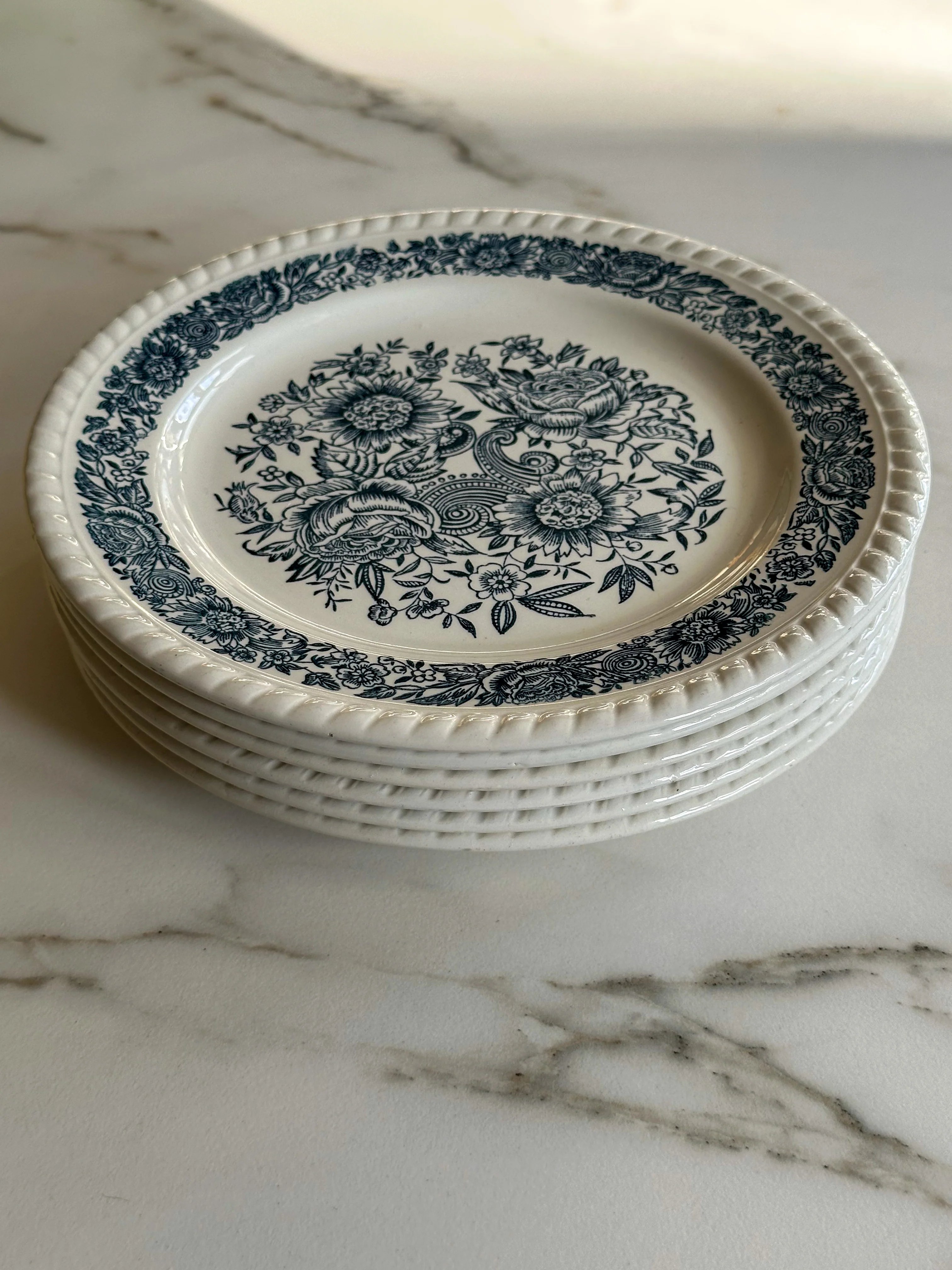Vintage Franse borden met blauw bloemenmotief - set van 6 - Image 3