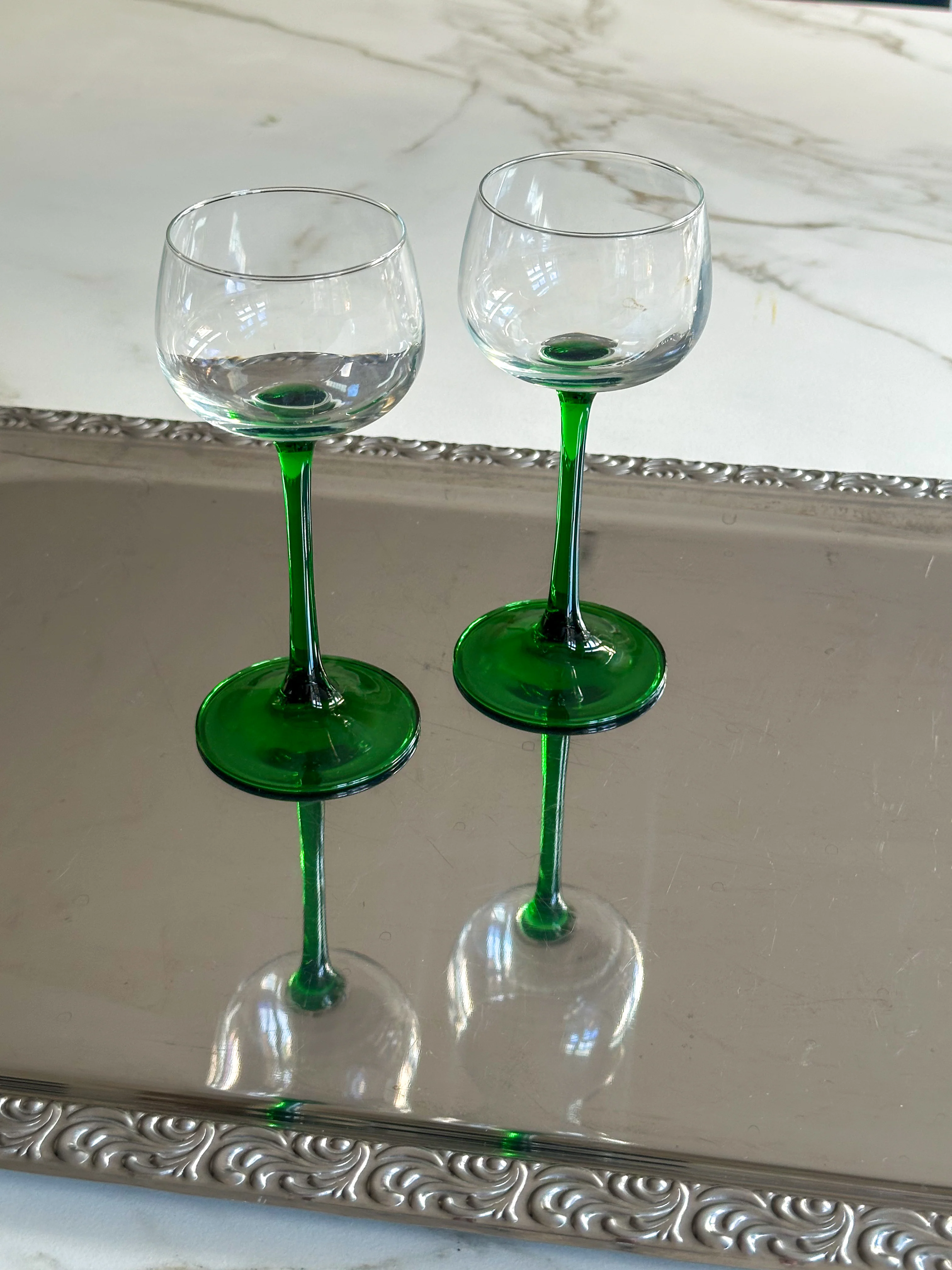Vintage Luminarc Elzas wijnglazen set van 2 – groene voet – Franse jaren 70 glazen