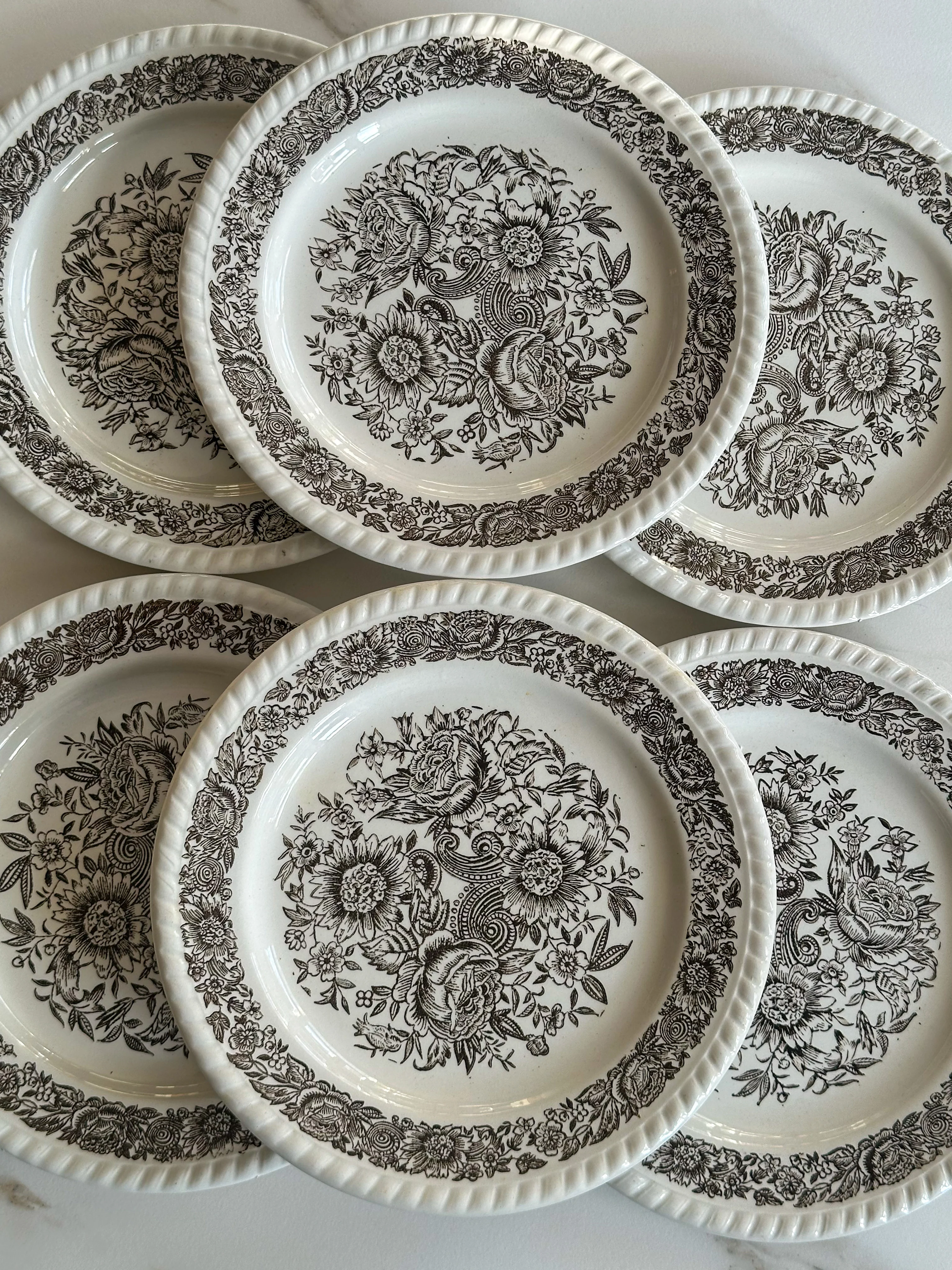 Vintage Marron borden met Bloemenprint - Set van 6 - Frans Servies