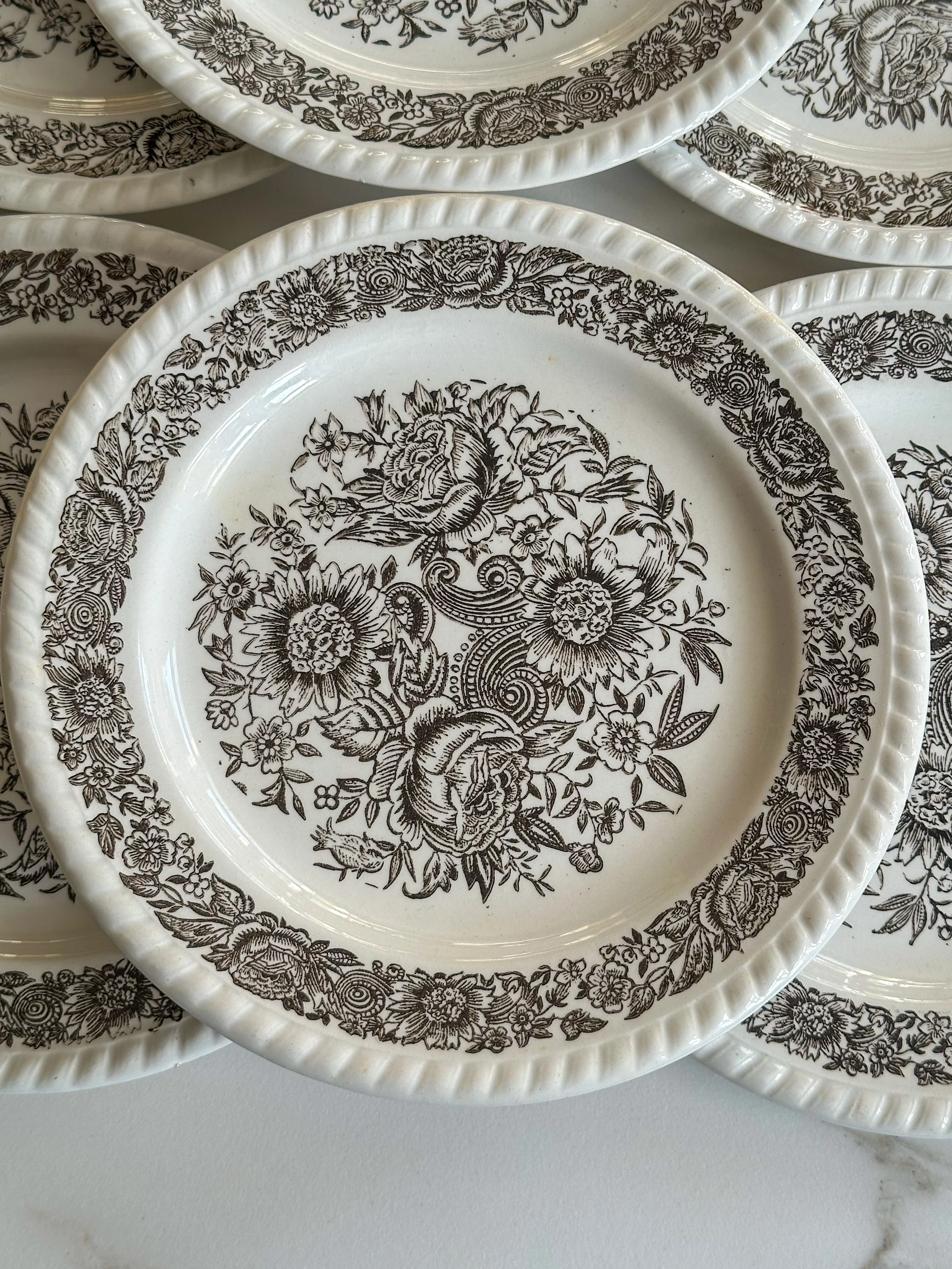 Vintage Marron borden met Bloemenprint - Set van 6 - Frans Servies - Image 2