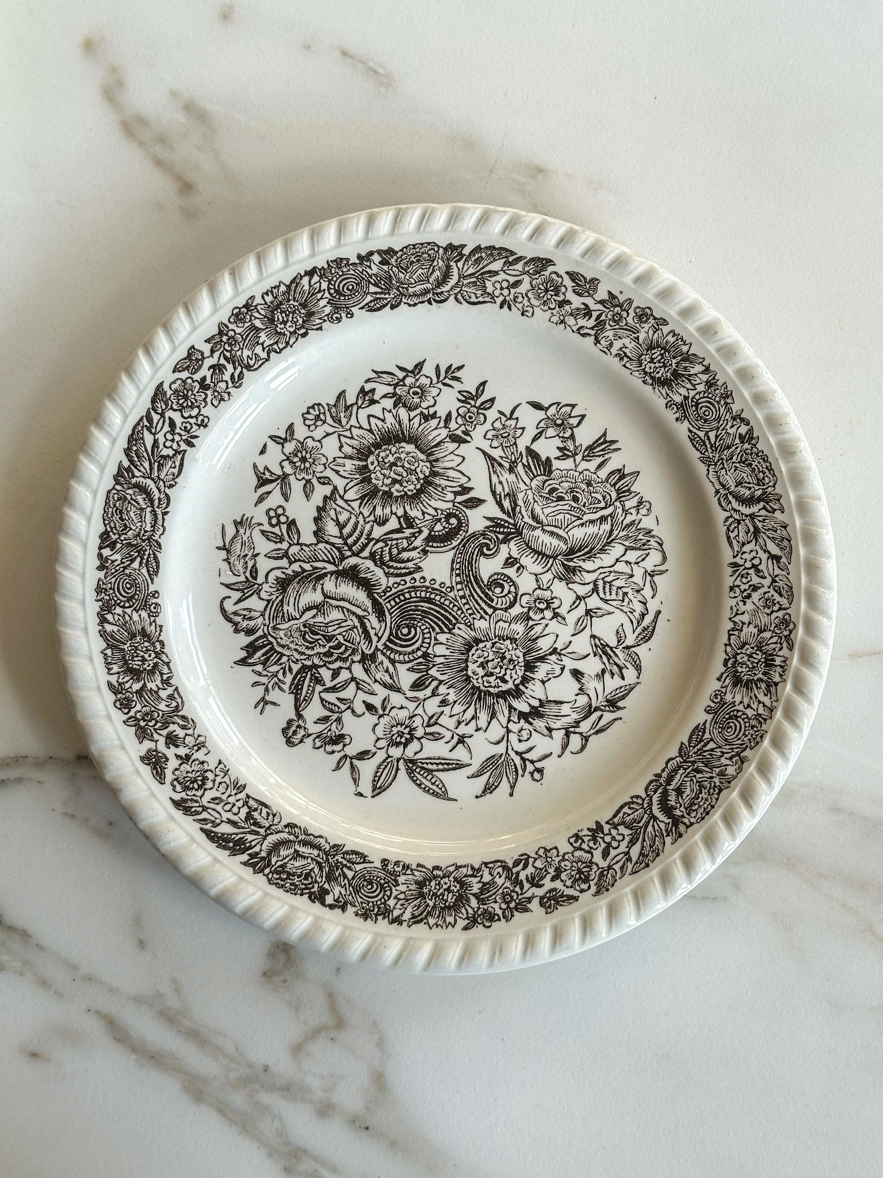 Vintage Marron borden met Bloemenprint - Set van 6 - Frans Servies - Image 3