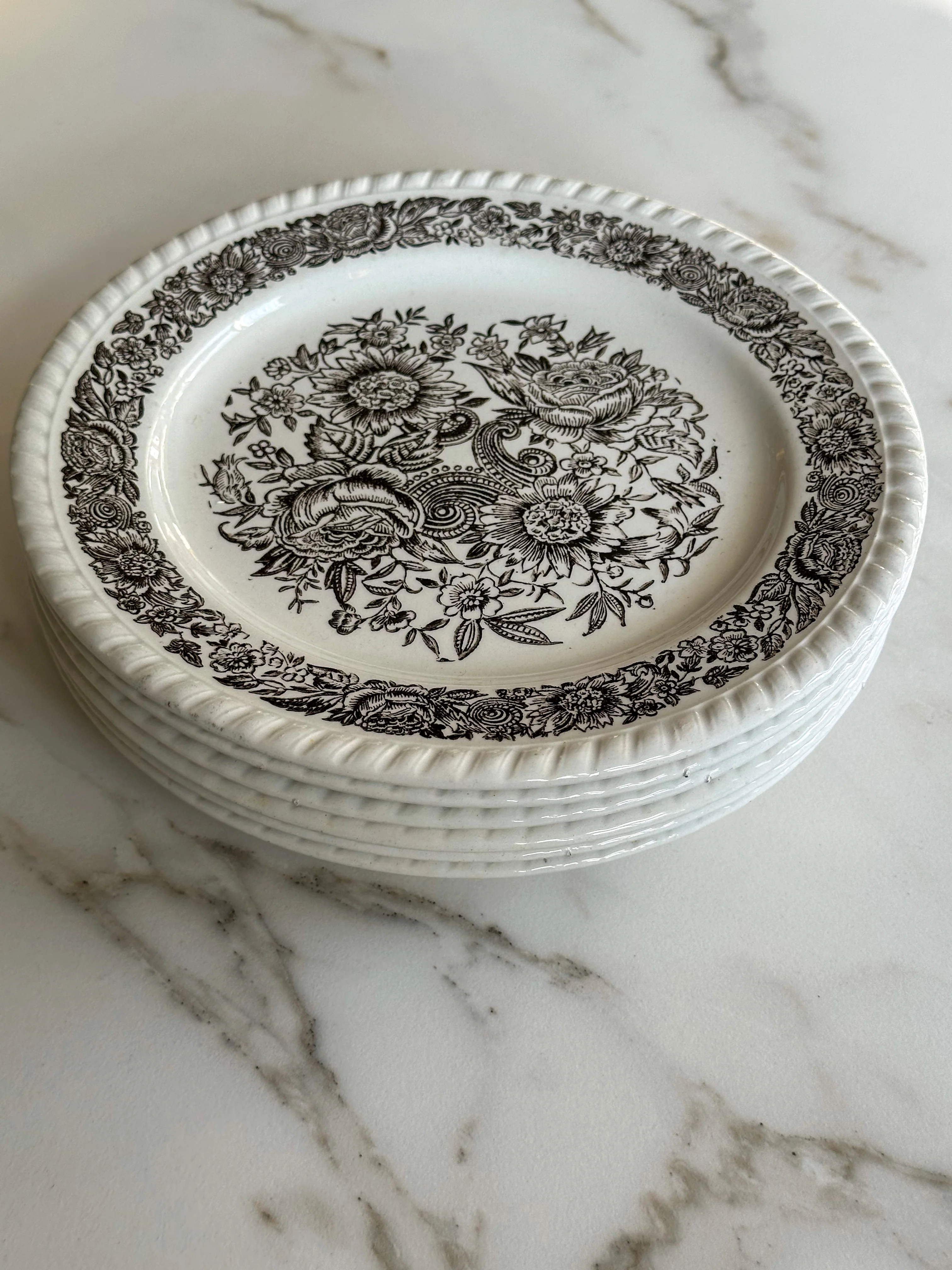 Vintage Marron borden met Bloemenprint - Set van 6 - Frans Servies - Image 4