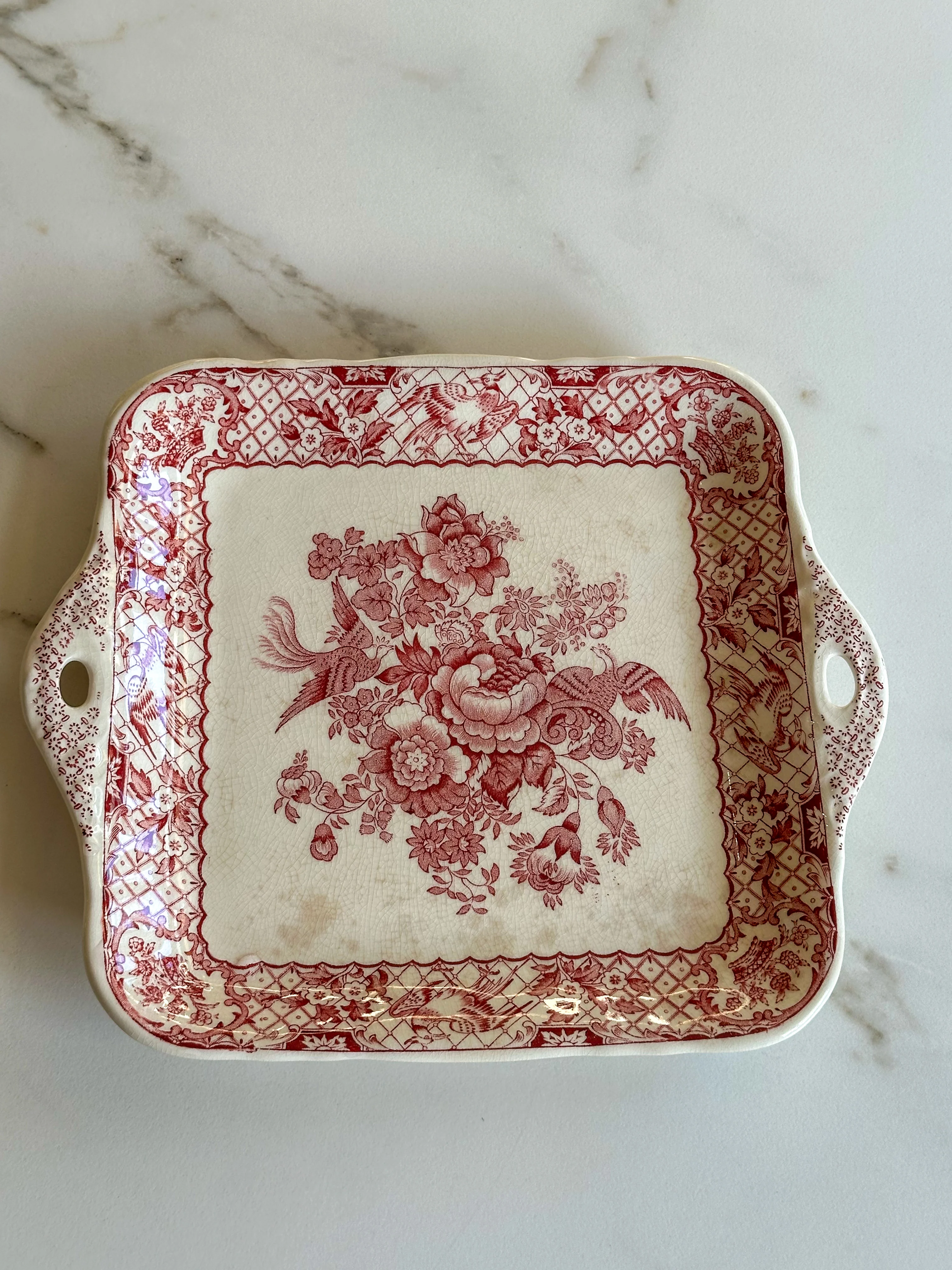 Vintage Mason’s serveerschaal rood wit – Engelse schaal met handgrepen