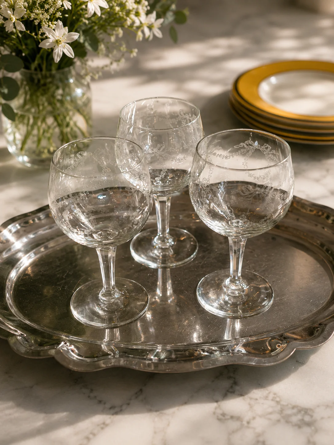 Vintage Wijnglazen met Geëtste Strikken – Set van 3